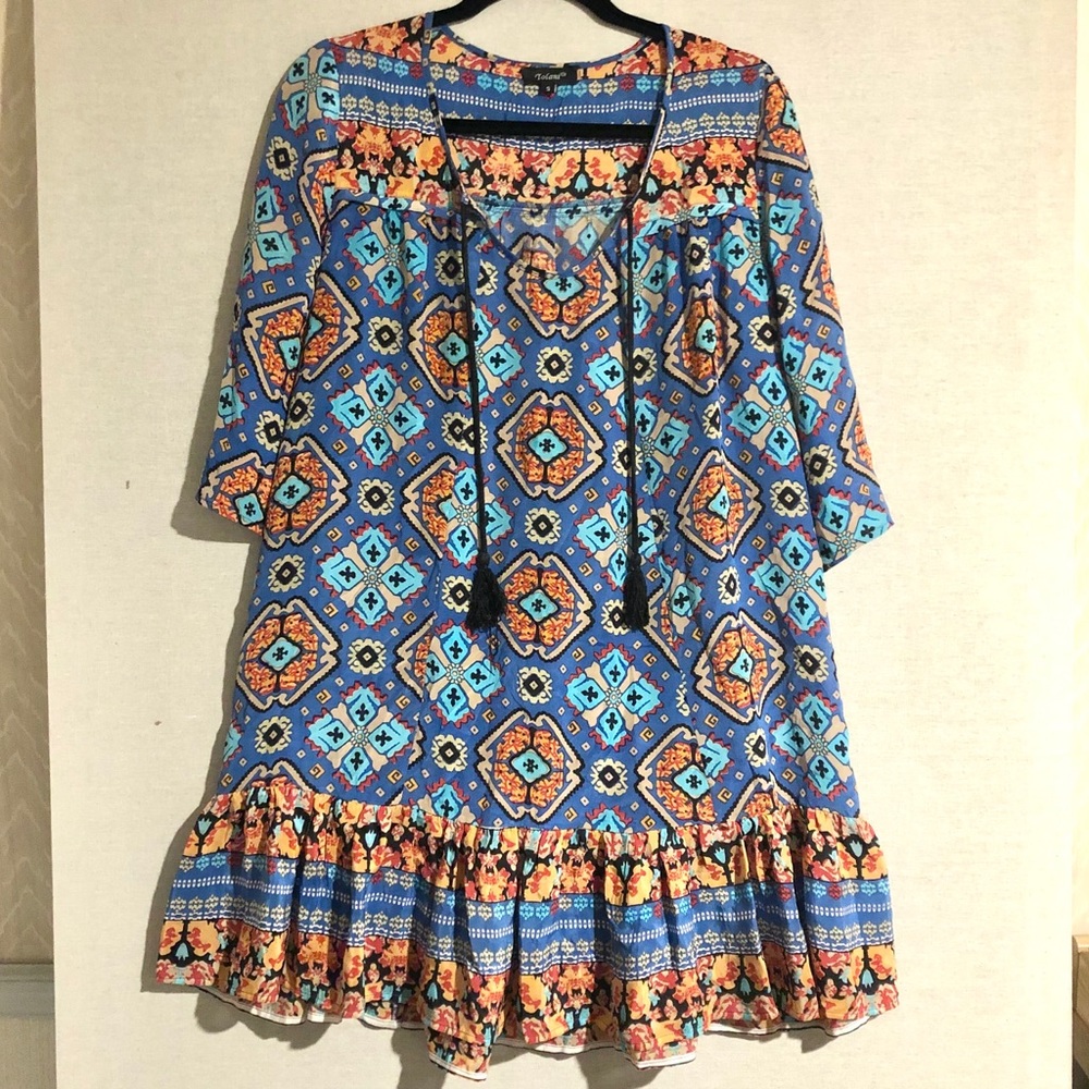 TOLANI Colorful Boho Tiered Tie Neck Silk Dress Sz Small